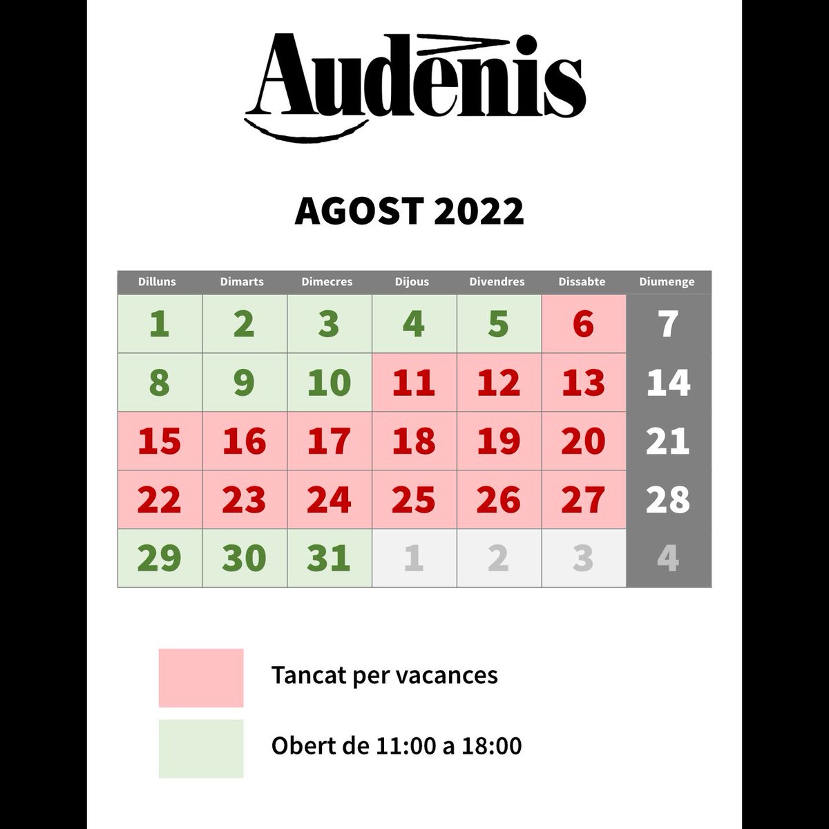 Us informem del nostre horari especial d'agost i vacances 2022.
#estiu2022 #audenis