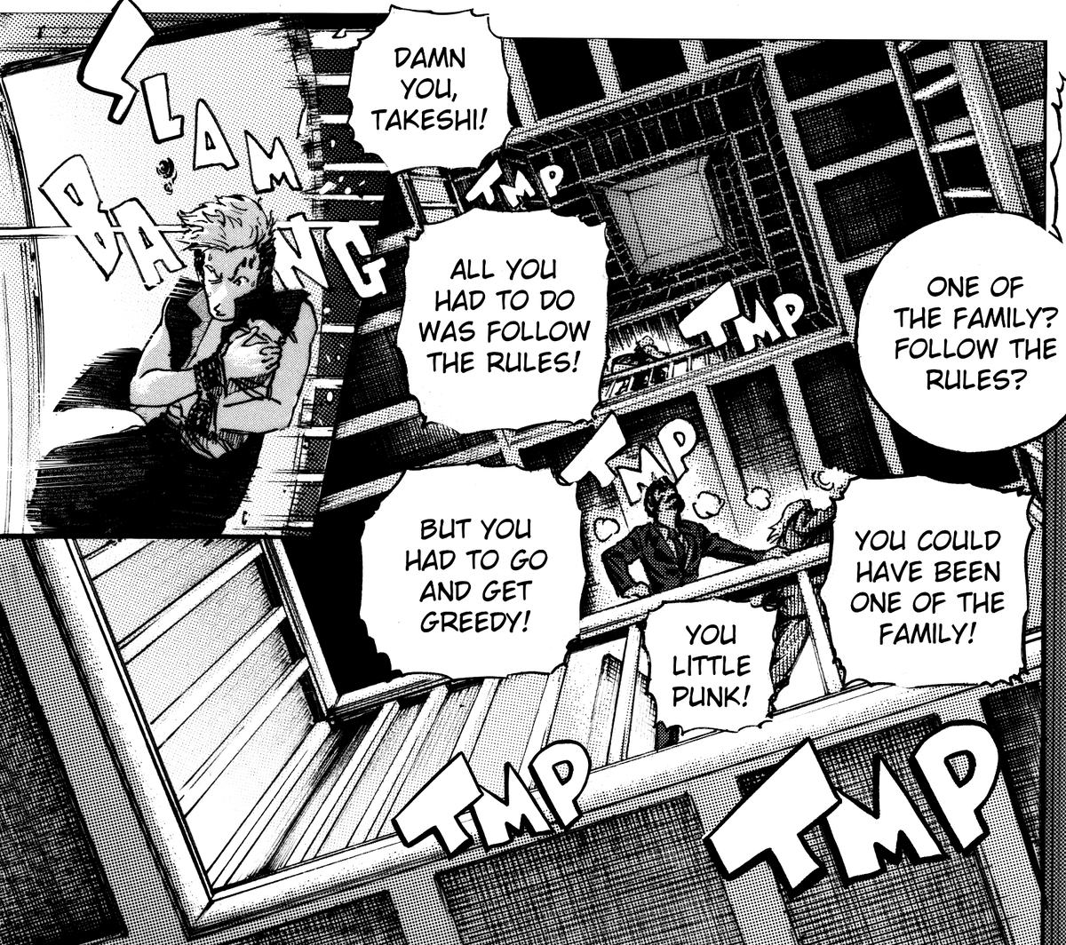 The final staircase panel. 

This one was hard. My script had to be 15 pgs, I knew what 15 was, I was on pg 14 and I had to wrap the end back to the beginning. Originally this was a bunch of small panels recapping pg 1. Instead I chose 1 cool shot and I think it works better