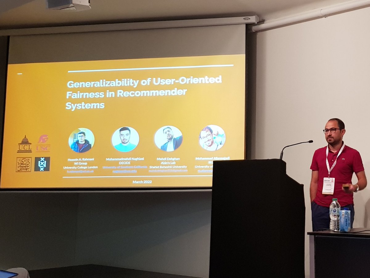 mzhariann's tweet photo. @maliannejadi presenting in the reproducibility track at #SIGIR2022, on generalizability of user-oriented rairness in recommender systems. https://t.co/EfAHIJ2aPD