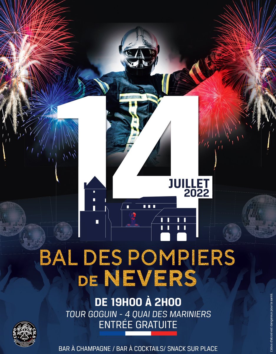 🎆 [FÊTE NATIONALE] 

Cette année, le célèbre Bal des Pompiers revient à Nevers ! Rendez-vous à 19h à la Tour Goguin (4 quai des Mariniers).
Piste de danse, musique, restauration et spectacle pyrotechnique depuis le Pont de Loire à 23h !