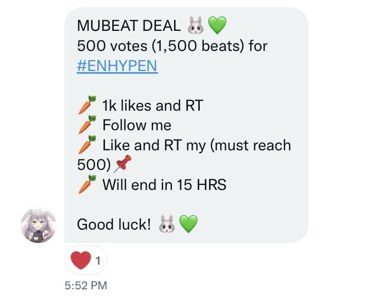 meantforpsh_'s tweet photo. MUBEAT DEAL 🐰💚
500 votes (1,500 beats) for #ENHYPEN 

🥕 1k likes and RT
🥕 Follow @iKiBunnie 
🥕 Like and RT @iKiBunnie’s pinned tweet (must reach 500 likes and rts ) 
🥕 Will end in 15 HRS

Good luck! 🐰💚

#ENFuelUp https://t.co/REeaVZVP15