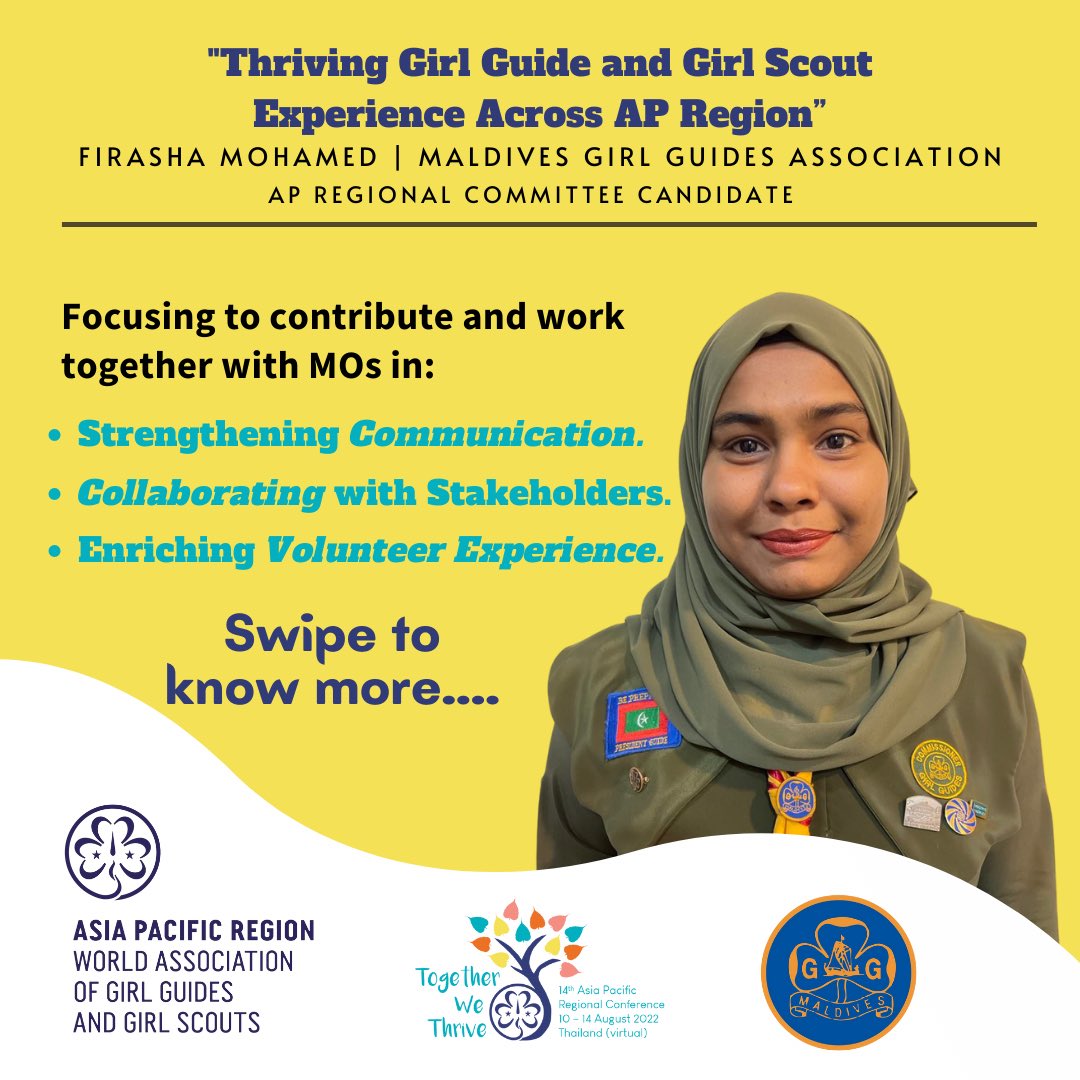 GirlGuidesMv's tweet photo. Let this be the beginning of the era that proliferate and thrives the Girl Guide Experience across the AP Region 🌏
@WAGGGSAsiaPac @wagggsworld
#WAGGGS14APRC #14APRC #WAGGGS #GirlGuidesMv https://t.co/eR4U4ljxnT