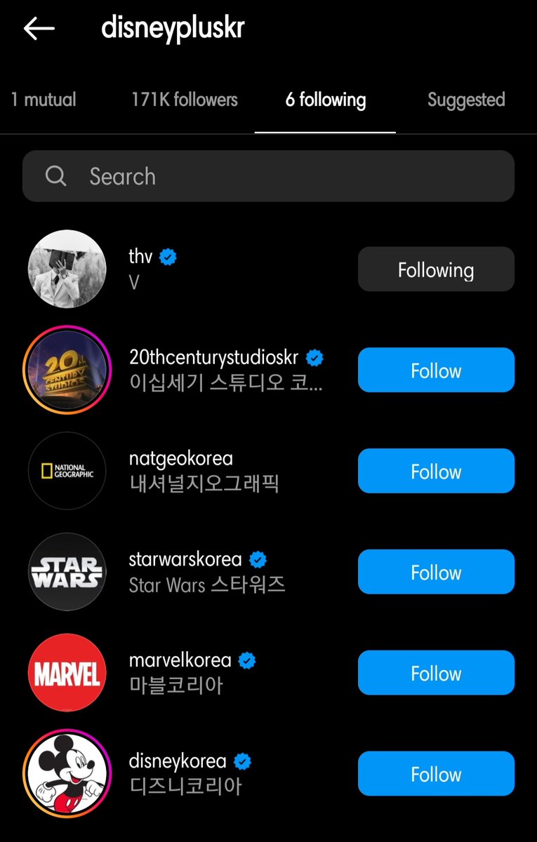 TAETAE_PH's tweet photo. Disney Plus Korea [disneypluskr] has followed Taehyung [thv] on IG. They now follow 6 accounts and only Taehyung's is personal 😳

🔗 https://t.co/WuTR5aslrA https://t.co/QGGb5uSjNn