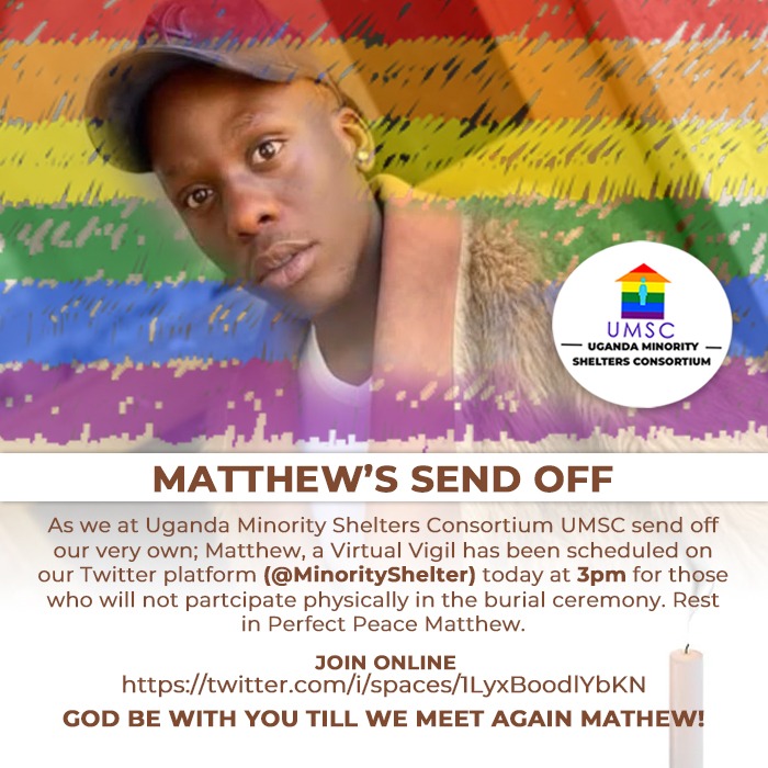 MinorityShelter's tweet photo. A Virtual Vigil has been scheduled on our Twitter platform (@MinorityShelter) today at 3pm for those who will not participate physically in the burial ceremony of Matthew Noah. Rest in Perfect Peace Matthew. Twitter Space Link: https://t.co/gRGLt7hwTz https://t.co/8A0E3t5VSv