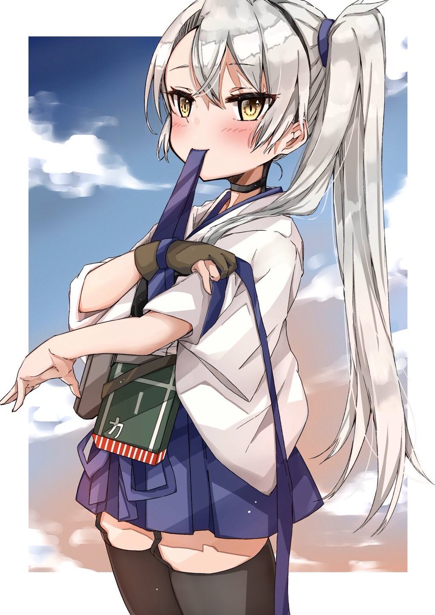 amatsukaze (kancolle) ,kaga (kancolle) 1girl solo thighhighs long hair single glove gloves blue hakama  illustration images