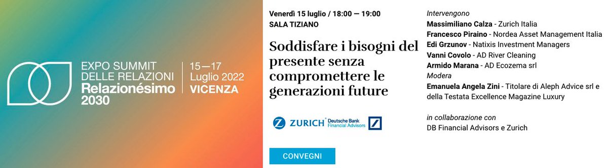 📅“Soddisfare i bisogni del presente senza compromettere le generazioni future” è il titolo del convegno organizzato da #DB e #Zurich all’interno di #Relazionésimo2030.
🎙️Venerdì alle 18 nella Fiera di Vicenza il nostro AD <a href="/Armarana/">Armido Marana</a> parteciperà all'evento: relazionesimo2030.com/programma/vene…