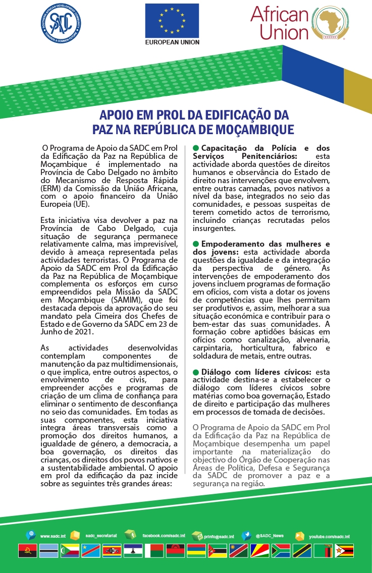 SADC_News's tweet photo. In the quest to pacify the security situation in Cabo Delgado Province, #SADC is implementing programme on Peace Building Support to Mozambique under the Africa Peace Facility, with support from the European Union, targeting law enforcement, women, youth &amp; community leaders https://t.co/aT72QtxZJB