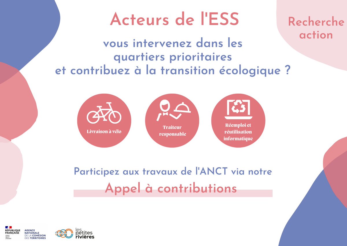 [🖐 Appel à contributions] L'<a href="/ANCTerritoires/">Agence nationale de la cohésion des territoires</a>, en partenariat avec les @PetitesRivieres, mène une recherche-action sur la contribution aux filières de la #transitionécologique des acteurs de l'#ESS œuvrant en direction des quartiers prioritaires ➡ swll.to/Bvd4f6L