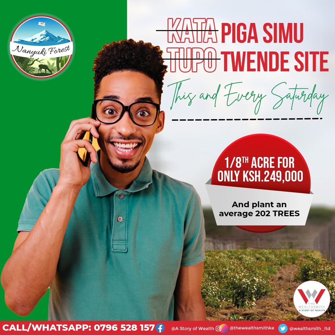 wealthsmith_ltd's tweet photo. 𝐊𝐚𝐭𝐚 𝐇𝐢𝐨 𝐬𝐢𝐦𝐮 𝐓𝐮𝐤𝐮𝐩𝐞𝐥𝐞𝐤𝐞 𝐬𝐢𝐭𝐞 this Saturday

𝐖𝐢𝐭𝐡 𝐨𝐧𝐥𝐲 𝐊𝐬𝐡.𝟐𝟒𝟗,𝟎𝟎𝟎 𝐣𝐢𝐬𝐡𝐢𝐤𝐢𝐞 𝟏/𝟖𝐭𝐡 𝐚𝐜𝐫𝐞 𝐢𝐧 𝐍𝐚𝐧𝐲𝐮𝐤𝐢 that comes with an average 𝟐𝟎𝟐 𝐫𝐞𝐚𝐝𝐲 𝐩𝐥𝐚𝐧𝐭𝐞𝐝 𝐭𝐫𝐞𝐞𝐬.
#wednesdaythought #investing #nanyuki https://t.co/H6fDQeipnX