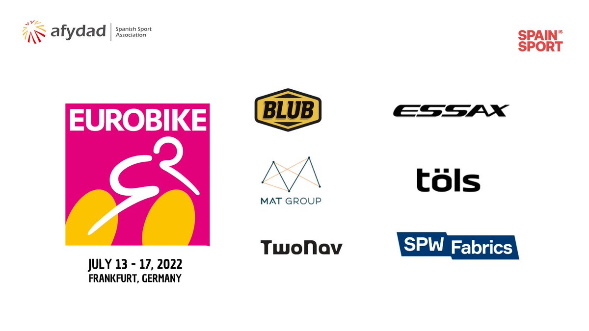 AFYDAD's tweet image. Hoy empieza @Eurobike_show. Estas son las empresas de @afydad que participan este año en la feria: @blub_lube, @essaxtwtr, #tolsbike, @twonav_official, #MatGroup y #SportwearArgentona. Conócelas aquí: bit.ly/3mU9Q7l #SpainIsSport #SpainIsbike #eurobike2022