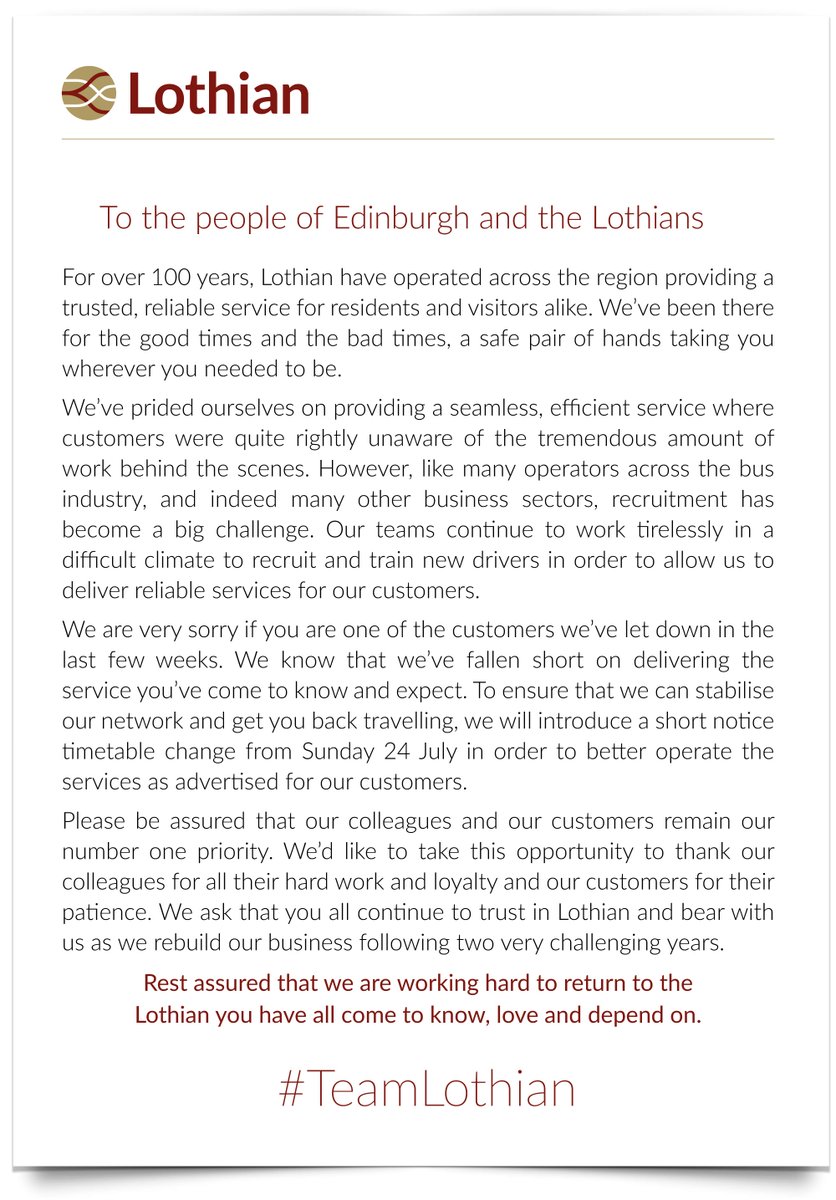 on_lothianbuses's tweet photo. 📝 To the people of Edinburgh and the Lothians...

Details of the service change on Sunday 24 July can be found here ➡️ https://t.co/W28zadrNL3

#TrustInBus #WeAreLothian #TeamLothian https://t.co/dHaZ93h9qR