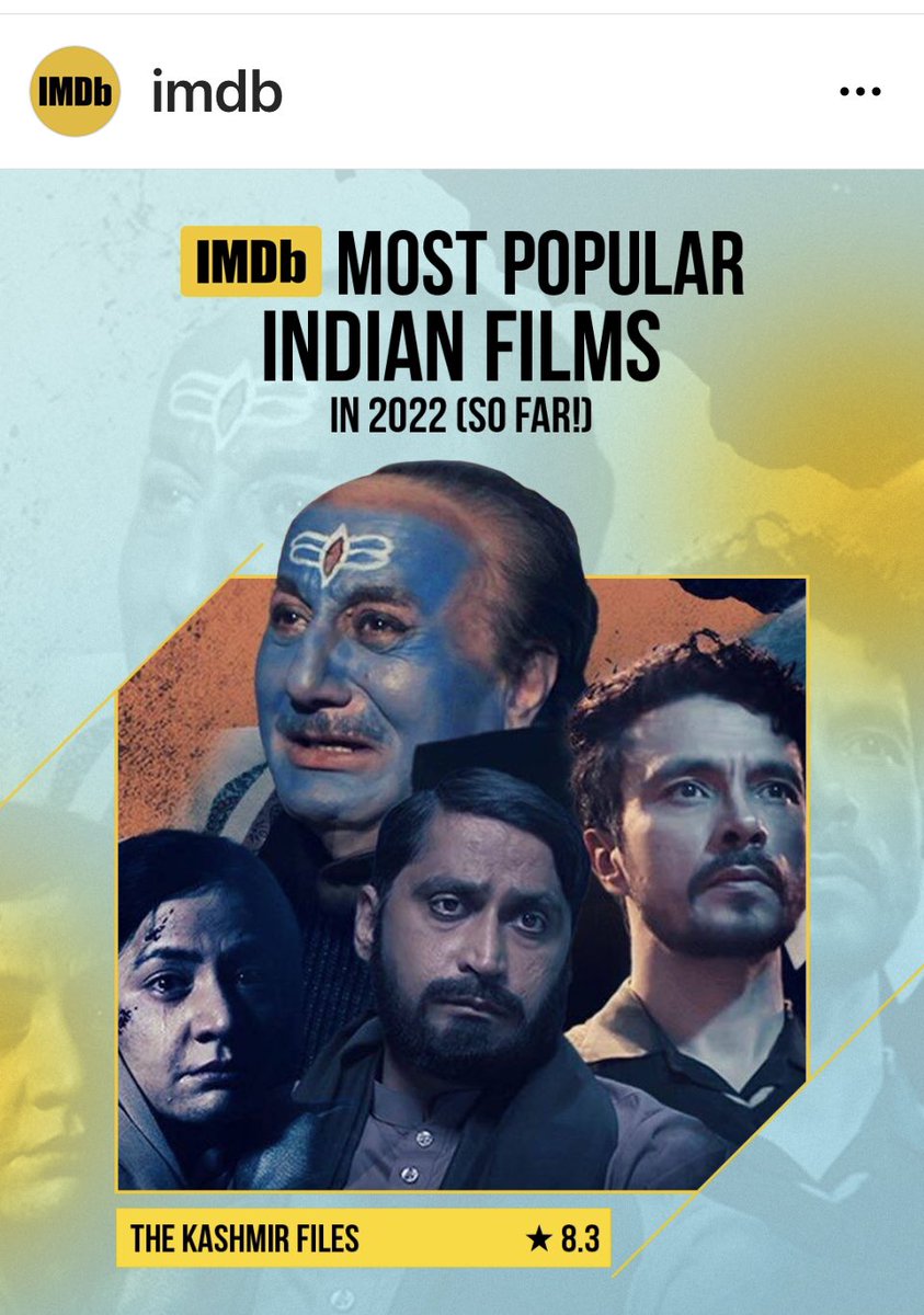 AnupamPKher's tweet photo. Thanks @imdb for putting our movie #TheKashmirFiles among the #MostPopularIndianFilms list in 2022 so far. It is a nice and gratifying feeling. Congratulations to the entire cast and crew! Jai Ho! 👍👏 https://t.co/Oi82iZDBWc