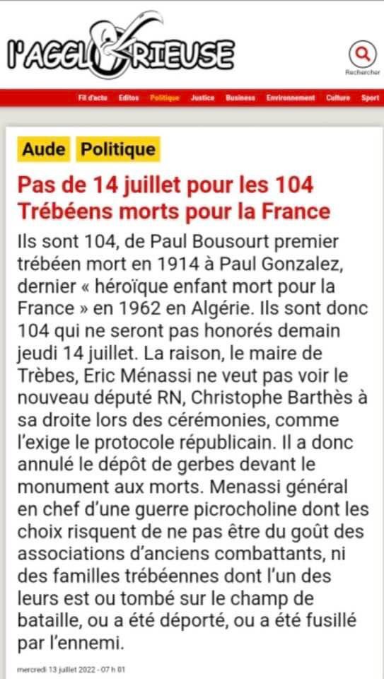 BarthesChristop's tweet image. Le maire de Trèbes annule les commémorations du 14 juillet pour ne pas être à mes côtés  comme l’exige le protocole. Un comportement stalinien…
