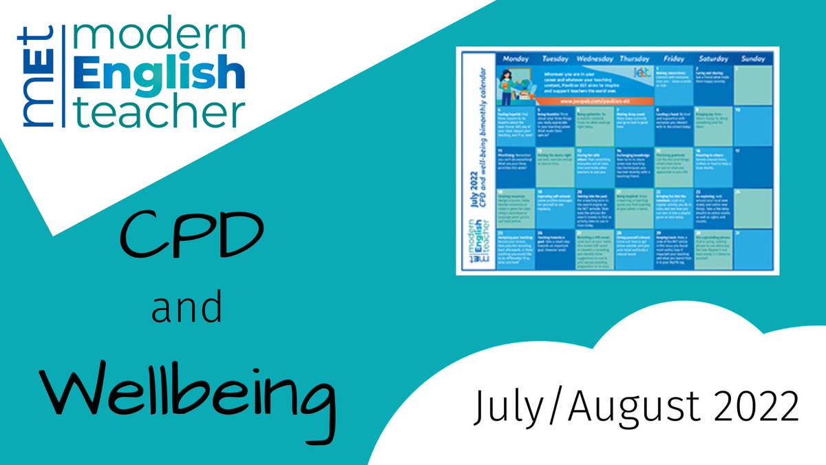 ModEngTeacher's tweet photo. The July/August MET CPD and wellbeing calendar is now here! Available exclusively for MET subscribers, it offers bite-sized daily CPD and wellbeing tips, to support you or your team! Download yours: https://t.co/ysV2qvtizx #CPD #Wellbeing #ProfessionalDevelopment #MentalHealth https://t.co/kSWQDjWKBp