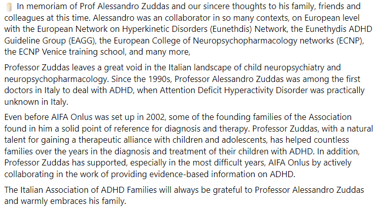 ADHD_Europe's tweet photo. 🕯️ In memoriam of Prof Alessandro Zuddas who leaves a void in the Italian and European landscape. 

@AIFAOnlus @eunethydis  @ECNPtweets https://t.co/l6bdiYQTxA