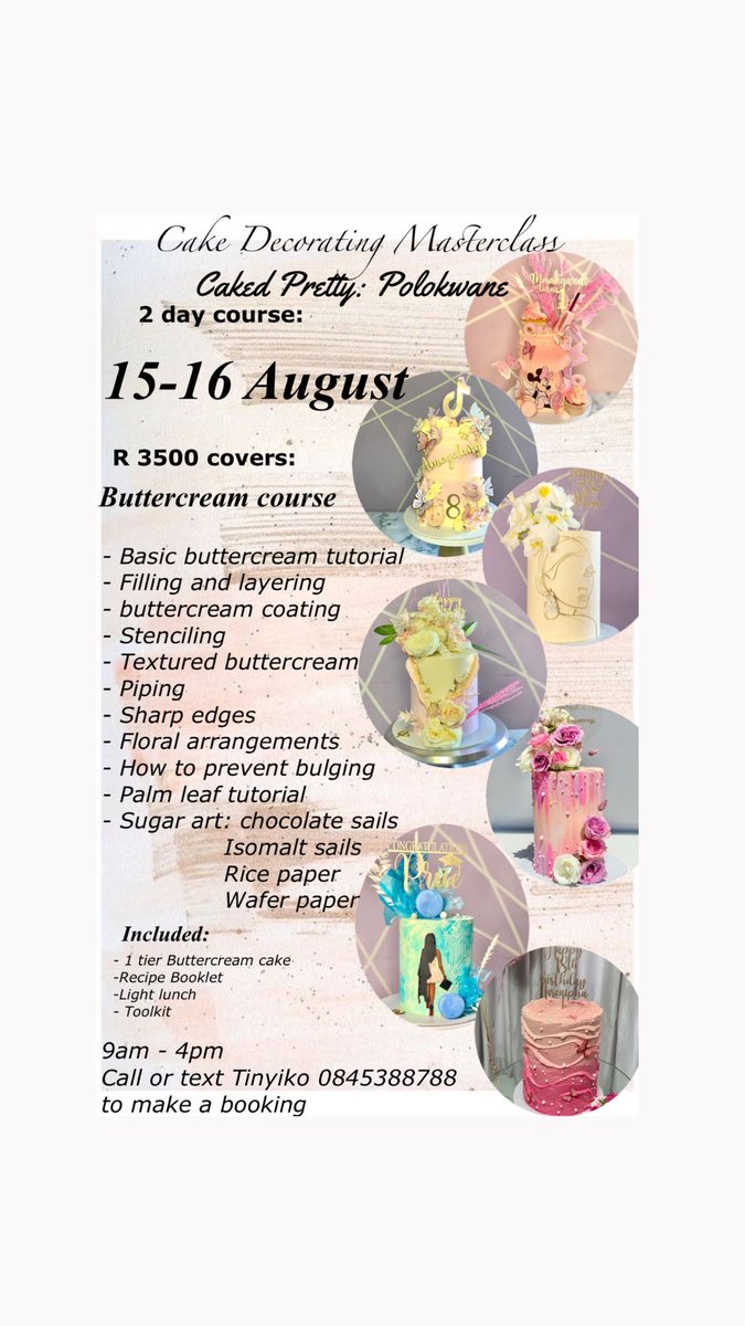 MohauMarolen's tweet photo. If you have a passion for baking and you want to make it profitable, then this is the class for you.
Come and learn a few tricks from myself this August in Polokwane.
Class is only limited to 3 students. 20% deposit (R700) reserves your seat.
#GirlTalkZA #PLKtwitter https://t.co/mu5F5CEcFf