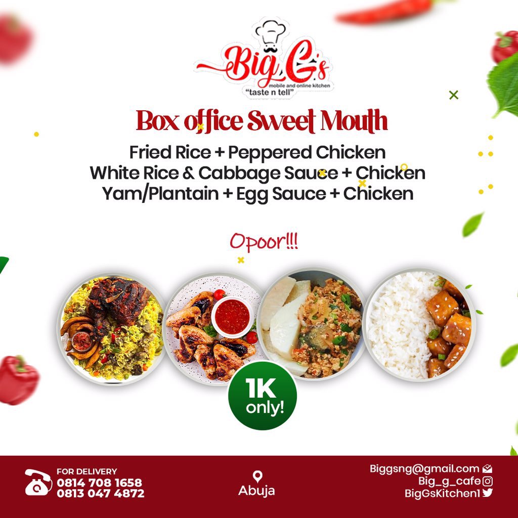 BigGsKitchen1's tweet photo. Ok guys we are back and ready to serve. 

Who’s hungry !!!!!!! 🤗😋🥰

Now introducing our 4 new exciting BOX office variety packs! 
1. Hot and spicy 🥘
2. Cash and carry 🥡
3. Sweet mouth 🍲
4. Village jolli 🍛

Which ever meal you crave, we got you covered for just 1k 🥵
🛵ASAP https://t.co/oww0eTuSBP