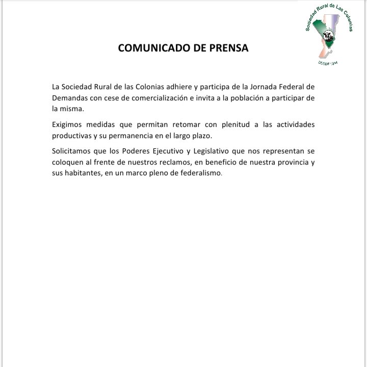 COMUNICADO DE LA SOCIEDAD RURAL DE LAS COLONIAS