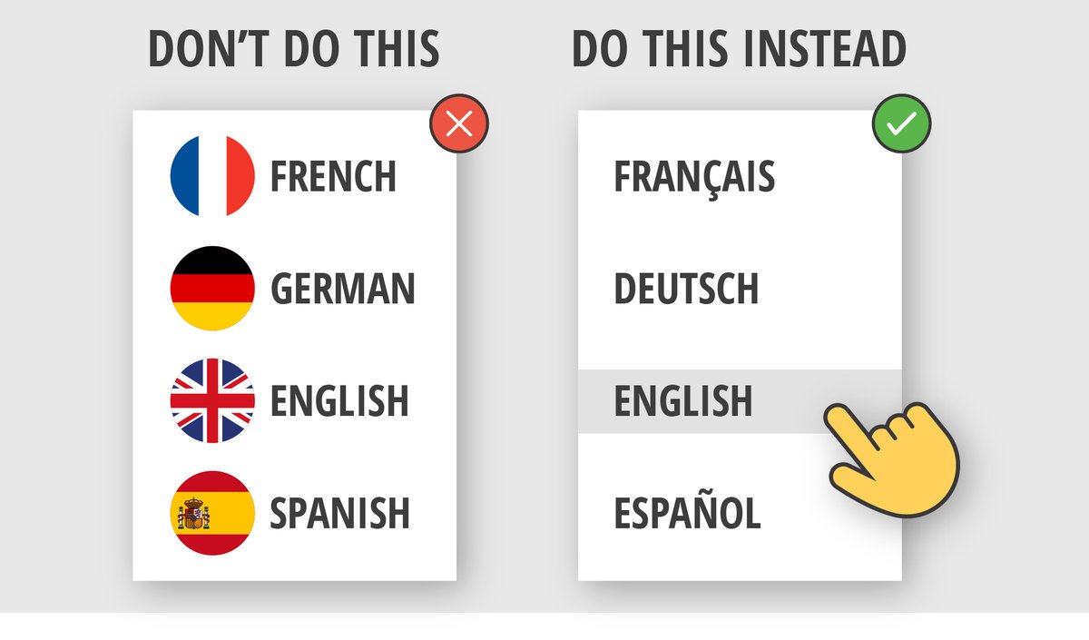 When presenting links to #elearning content in different #languages don’t use flags of countries to represent languages e.g. the Union Jack for English. Use the name of the language in its local format e.g. ‘Français’ for French. #ux #uxdesign