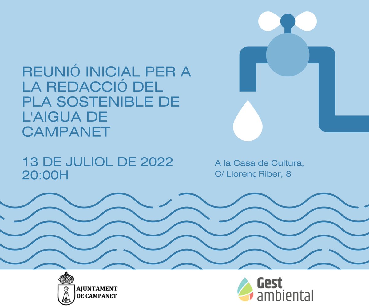 gestambientalIB's tweet photo. Avui vespre, a les 20:00h, reunió participativa per a l'inici de la redacció del Pla de Gestió Sostenible de l'Aigua de @AjCampanet Participació + Gestió de l'Aigua = 😍 Vos hi esperam https://t.co/andg58ZZ0Q