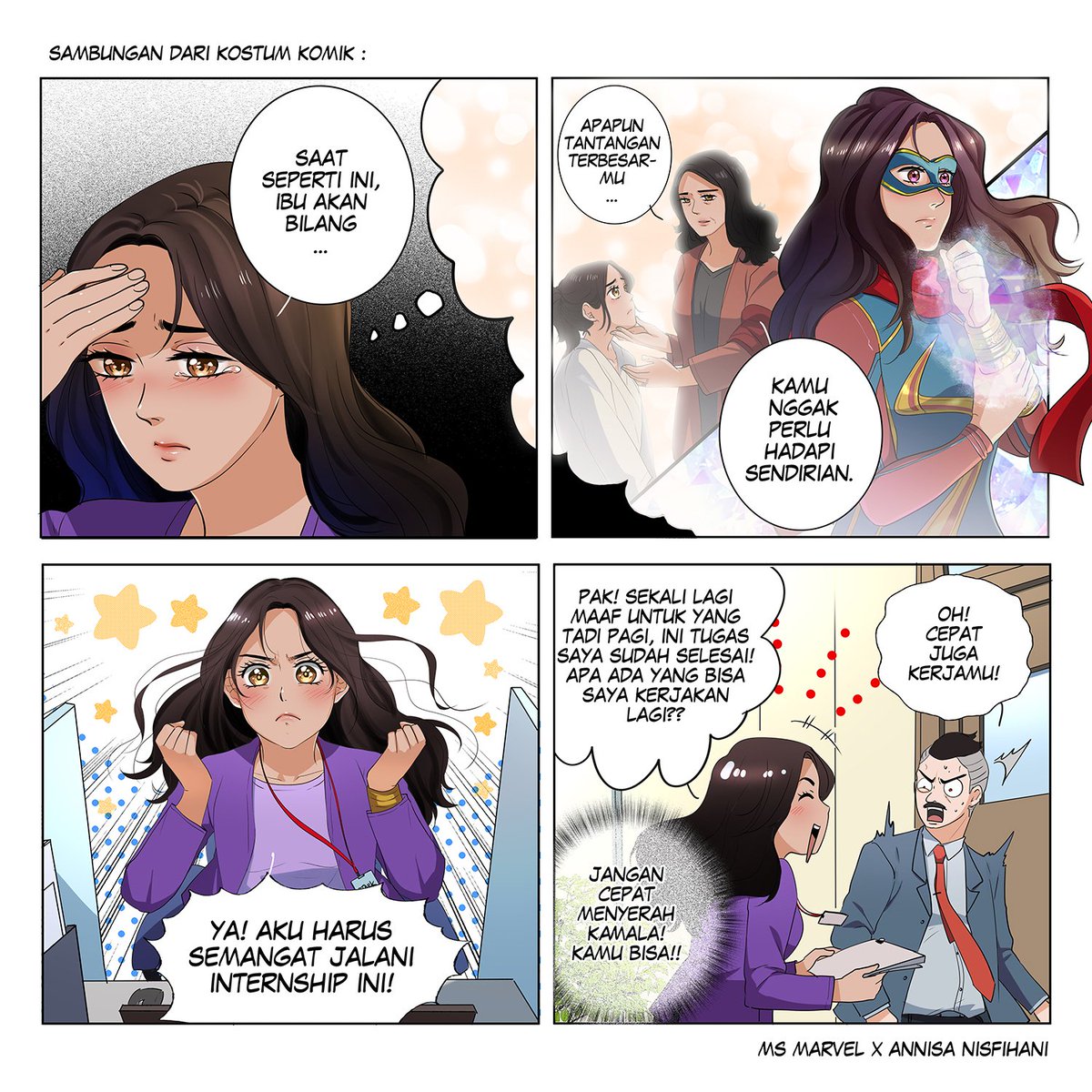 Sayuko2's tweet photo. @KomikFaktap @kostumkomik Melanjutkan komik jamstrip Ms. Marvel dari @Kostumkomik,  Kamala akhirnya semangat lagi! Jangan lupa streaming series Ms. Marvel di @DisneyPlusID 💖 #MsMarvel https://t.co/k7kwI1g6HN
