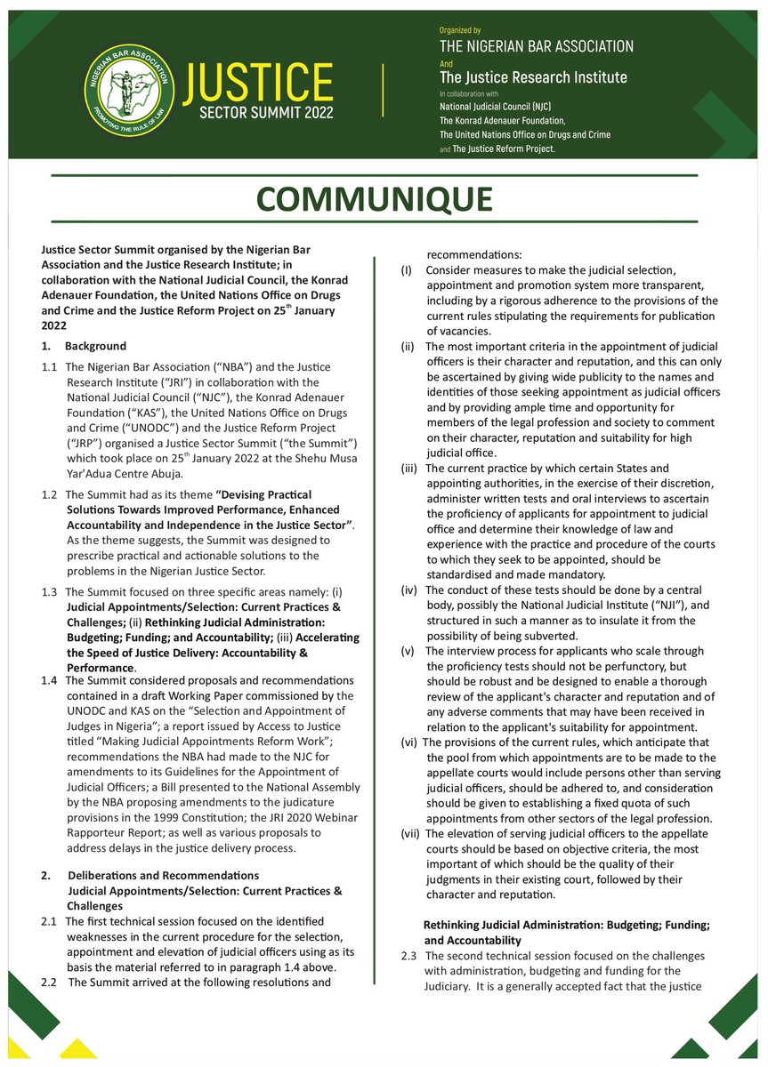 JRPNigeria's tweet photo. We have written the Acting Chief Justice of Nigeria to congratulate him on his appointment and offer our support in a time when urgent judicial reform is required. We also highlighted the recommendations from the #JusticeSectorSummit2022 as a guide in this regard. RT &amp; Share. 📤 https://t.co/rle2lff6m2