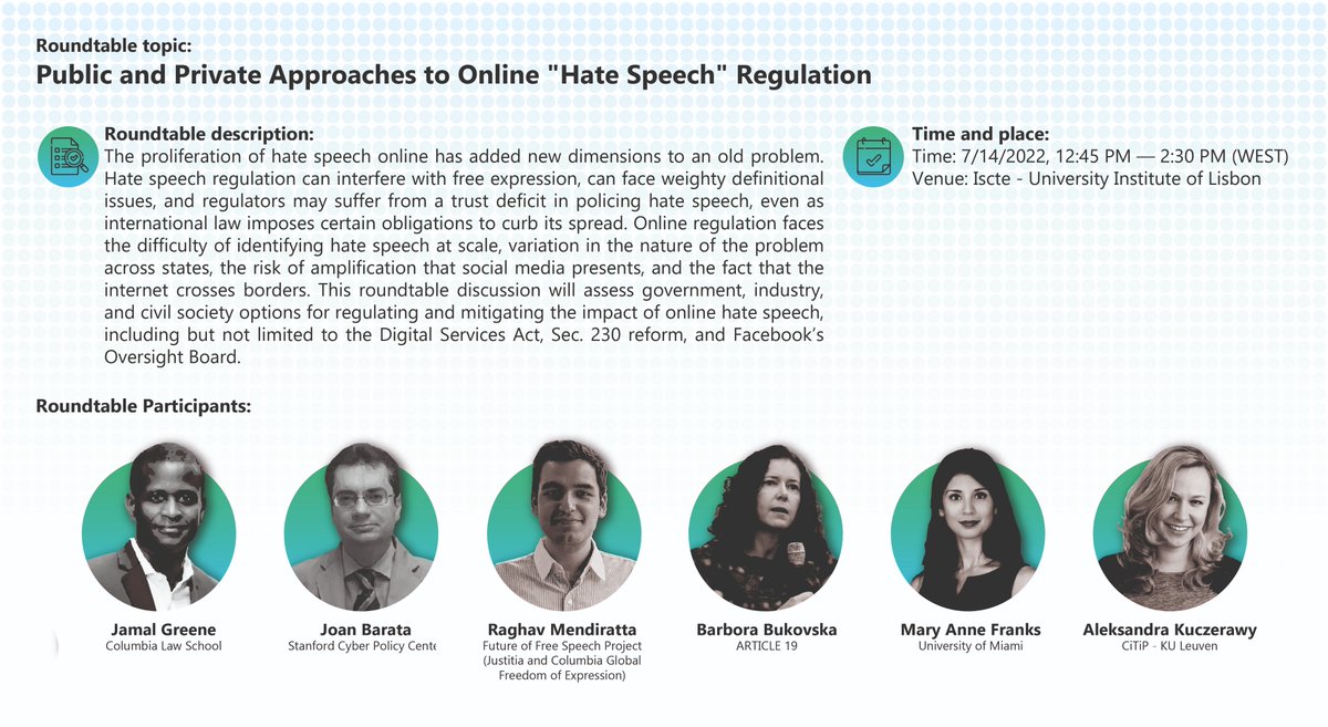 Raghav Mendiratta (@raghav_mendirat) on Twitter photo If you're at #LSA2022 tomorrow, consider checking out this roundtable on content moderation and hate speech. With formidable panelists
<a href="/jamalgreene/">Jamal Greene</a> <a href="/JoanBarata/">Joan Barata</a> <a href="/ma_franks/">Dr. Mary Anne Franks</a> <a href="/AlexandraQu/">Alexandra Qu ⚡️</a>
See you there! 🙌 If you're at #LSA2022 tomorrow, consider checking out this roundtable on content moderation and hate speech. With formidable panelists
<a href="/jamalgreene/">Jamal Greene</a> <a href="/JoanBarata/">Joan Barata</a> <a href="/ma_franks/">Dr. Mary Anne Franks</a> <a href="/AlexandraQu/">Alexandra Qu ⚡️</a>
See you there! 🙌