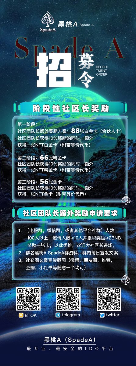 BscSpadeA's tweet photo. 我们的团队长招募将于2022年7月14日，正式启动，欢迎报名。
https://t.co/b0ZewXOiWJ
#SpadeA #ido #私募 #预售 https://t.co/cNjVa4ZhYi