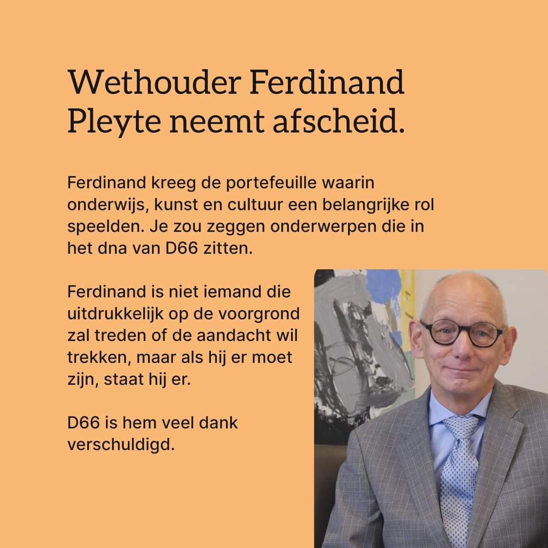 Ferdinand Pleyte neemt afscheid als wethouder in Roermond. Mooie verdiensten op het gebied van cultuur, onderwijs en diversiteit. Als hij er moest zijn stond hij er.  D66 is hem veel dank verschuldigd. 
m.facebook.com/story.php?stor…