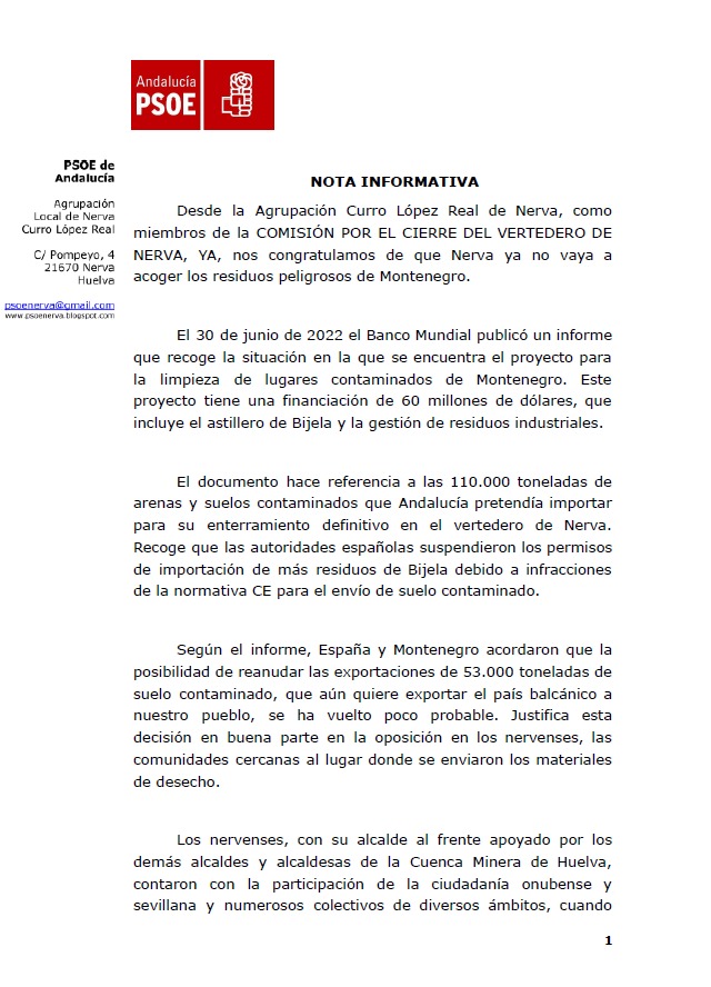 PSOENerva's tweet photo. Los residuos de Montenegro no vendrán al vertedero de #Nerva por el rechazo de la población. 
Todo un triunfo del movimiento ciudadano.
Qué no decaiga.
#noalvertedero https://t.co/Sf3hXoSCqX