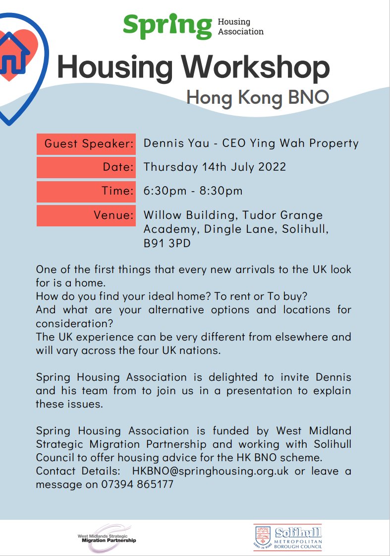 WestMidlandsSMP's tweet photo. Housing workshop to take place in Solihull on 14th July 6:30-8:30pm to support BNOs. #HomgKongers #BNOs #WMSMP #Housing #Solihull https://t.co/iz18zCEcAQ