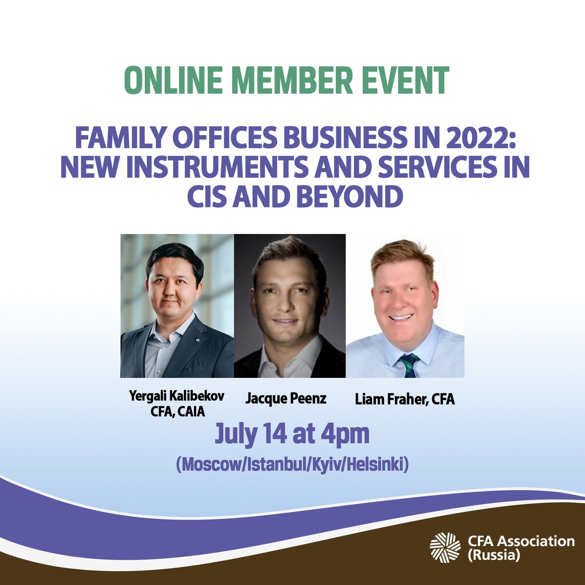 We invited three guests from global family offices working in Astana, Dubai and Zurich tomorrow at 4pm (Moscow/Istanbul/Kyiv/Helsinki time) to discuss changes in their business in 2022. Register at cfarussia.ru/1407family