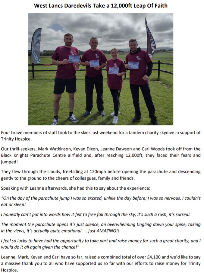 So proud of our #team 
Well done to all involved and thanks to our sponsors for helping to raise over £4K for <a href="/trinity_hospice/">Trinity Hospice</a> 
#skydive #TheBigJump #Daredevil 
#WeAreWestLancs 🪂🪂