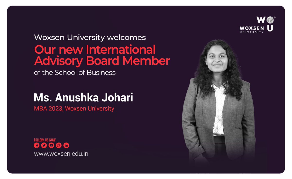 Woxsen's tweet photo. *Students Achievement*
Pranay Kumar Pokala - MBA (2022) and Anushka Johari - MBA (2023), have been chosen as student representatives of the International Advisory Board of the School of Business.
We wish them many more laurels!
#woxsen #achievement #studentrepresentatives https://t.co/9U0p1aODDK