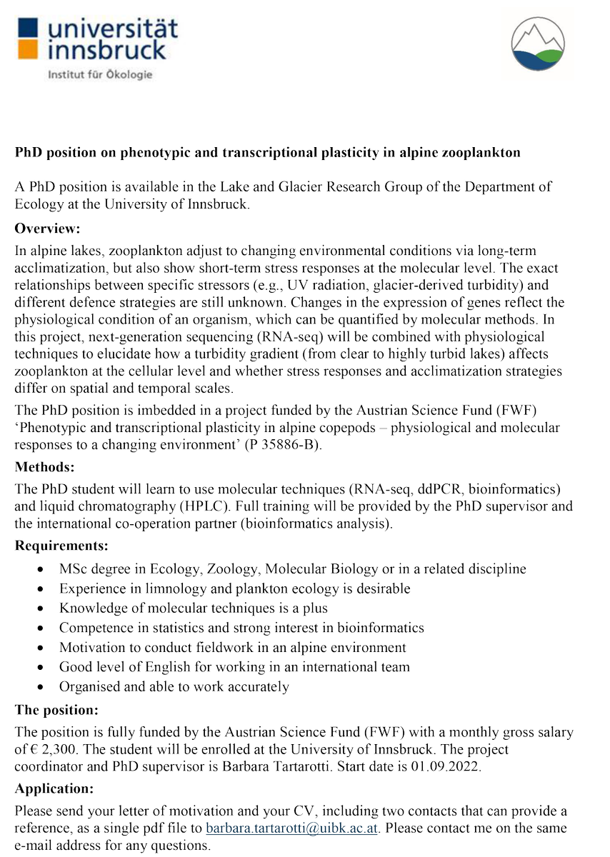SIL-Austria (@austriasil) on Twitter photo #JOB PhD-position <a href="/uniinnsbruck/">@uniinnsbruck@social.uibk.ac.at</a> in the Lake and Glacier Research group of the Department of Ecology #JOB PhD-position <a href="/uniinnsbruck/">@uniinnsbruck@social.uibk.ac.at</a> in the Lake and Glacier Research group of the Department of Ecology