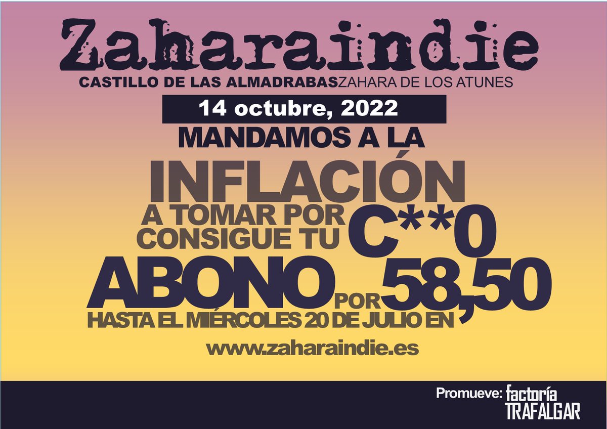 Cuando todo se pone difícil en el Zaharaindie plantamos cara💪💪Rebajamos de nuestro abono general el porcentaje de subida semanal de la inflación.
¡Qué nada pare la música! Con más cultura seremos una sociedad más fuerte.
Consíguelo ya en zaharaindie.es