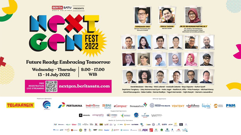 Beritasatu's tweet photo. Jangan lewatkan kesempatan belajar dari deretan tokoh hebat Indonesia dari berbagai sektor. Mereka akan berbagi pengalaman di Next Gen Fest 2022 pada 13-14 Juli 2022 di: https://t.co/ZDjzoTFCx6
Sampai bertemu! 🤩🤩
#NextGenFest2022
#FutureReady
#EmbracingTomorrow
#OnlineWorkshop https://t.co/5h7TbAtBci
