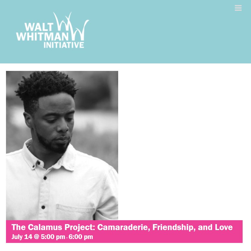 Tomorrow, at 5pm, we'll be joined with the <a href="/calamusproject/">Calamus Project</a> to discuss Whitman's "Calamus" poem. 

The Calamus Project features films and performances that celebrate Whitman's poems that celebrate manly love and comradeship.

#waltwhitman @jmerandy @AndrewDRimby <a href="/RafaelZelia/">Zélia Rafael</a>