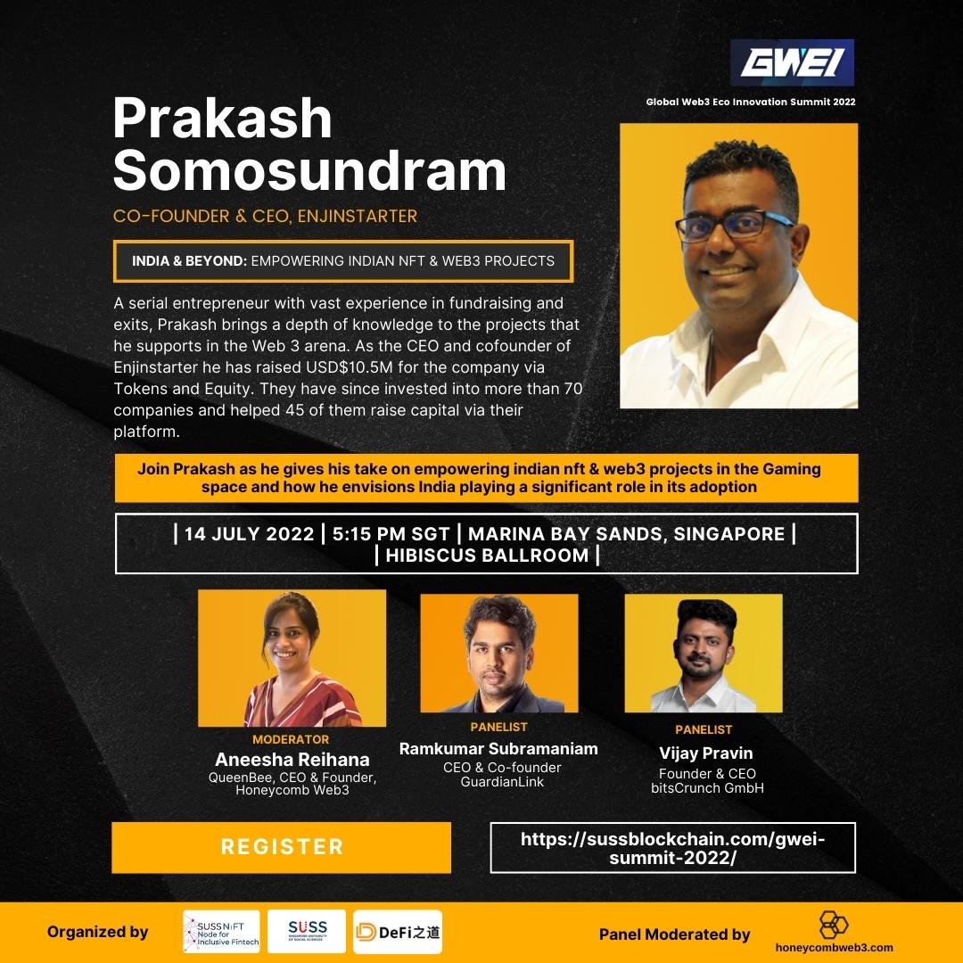 Join Prakash Somosundram CEO &amp; Co-Founder of Enjinstarter along with the top Web3 Indian Leaders, as he shares on the market horizon in India &amp; Beyond - about Empowering Indian NFT &amp; Web3 Projects; as well as the talent demand and India's role to pave this adoption!

#nft #web3