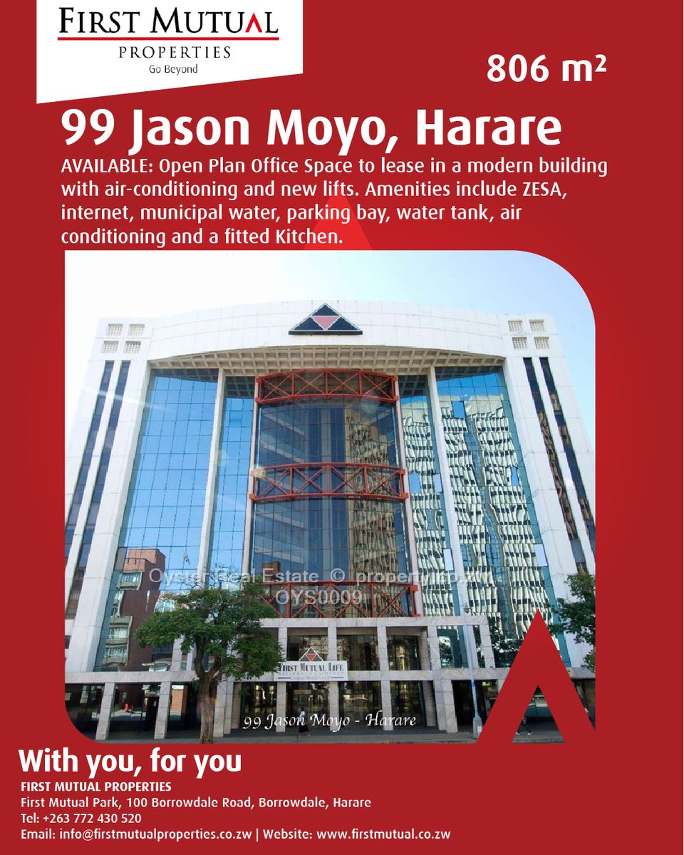 FirstMutualProp's tweet photo. AVAILABLE OFFICE SPACE IN HARARE 

Ready to give your business a prime address? DM us to find out more! 

#WithYouForYou https://t.co/deehswObKN
