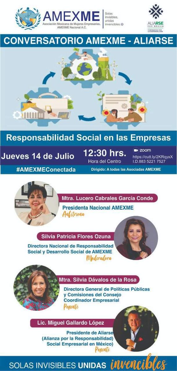 LuceroCabrales's tweet photo. 🏬Empresas socialmente responsable,  tema del conversatorio Amexme-Aliarse.
 👉Presidenta Nacional Amexme Lucero Cabrales, 
👉acompañada de grandes personalidades
📅14 de julio
⏰12:30 hrs
💻Plataforma Zoom

#AMEXME #AmexmeConectada #empresasocialmentereponsables #Soyysomosamexme https://t.co/Kr8lt8ZRKv