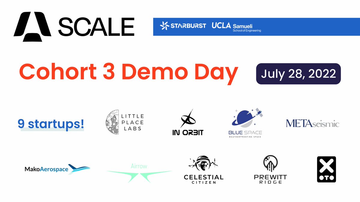 On July 28th, the 9 companies from Starburst’s #SCALE Accelerator program will be pitching their businesses. Come &amp; learn more about them and engage in conversations with fellow industry members.
Join us to dive into the future of aerospace 👉 bit.ly/3uKitpq
<a href="/UCLA/">UCLA</a>
