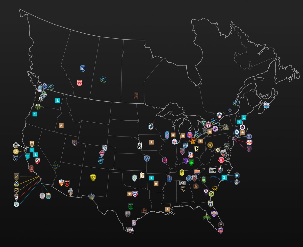 With yesterday's announcements, here is how the map of men's professional soccer in the US+Canada is looking 🔥. I've included the rumored cities to show how insane the sport is getting in the region.