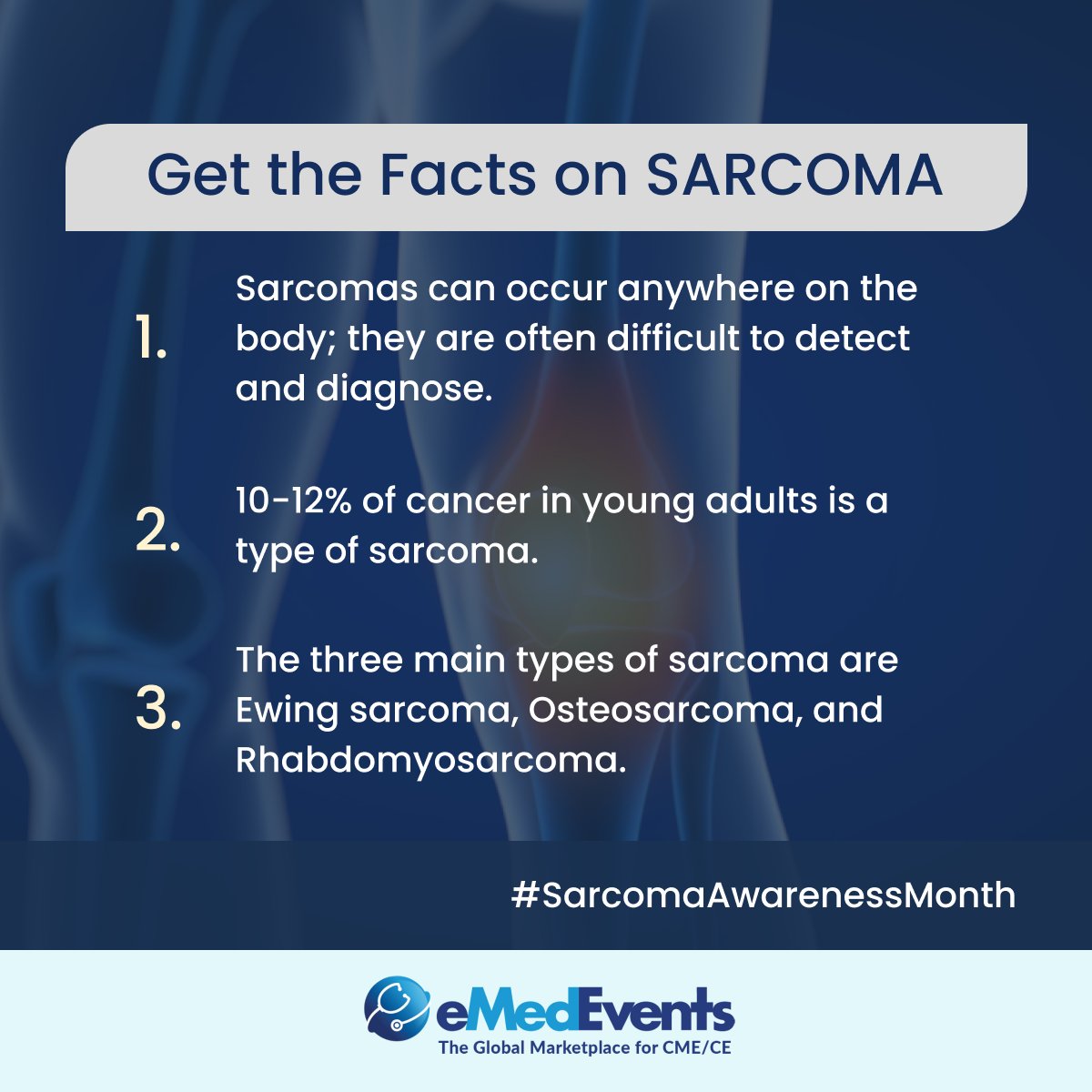 eMedEvents's tweet photo. #Sarcoma is an umbrella term that encompasses a range of uncommon #cancers that begin in the #bones and #softtissues. While we are still learning about all the causes of sarcoma, #vigilience and early intervention are key.
#factsonsarcoma #typesofsarcoma #eMedEvents https://t.co/KiWOX11IiI