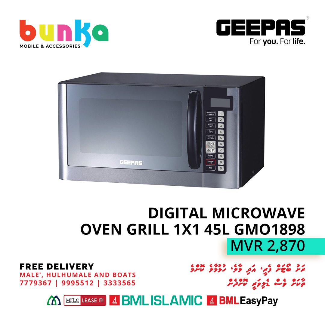 bunkamobiles's tweet photo. Looking for quality with best affordable pricing, top OVEN solutions from GEEPAS, available at BUNKA Max, Hulhumalé, Nirolhu Magu.

**𝙒𝙀 𝘿𝙀𝙇𝙄𝙑𝙀𝙍**
Free Delivery Male'/Hulhumale &amp; 

Rashu Boat 🚚. For more info or order Call Us: 
9994604, 7779367, 9995512, 3333565 https://t.co/CCMZeQQBIt