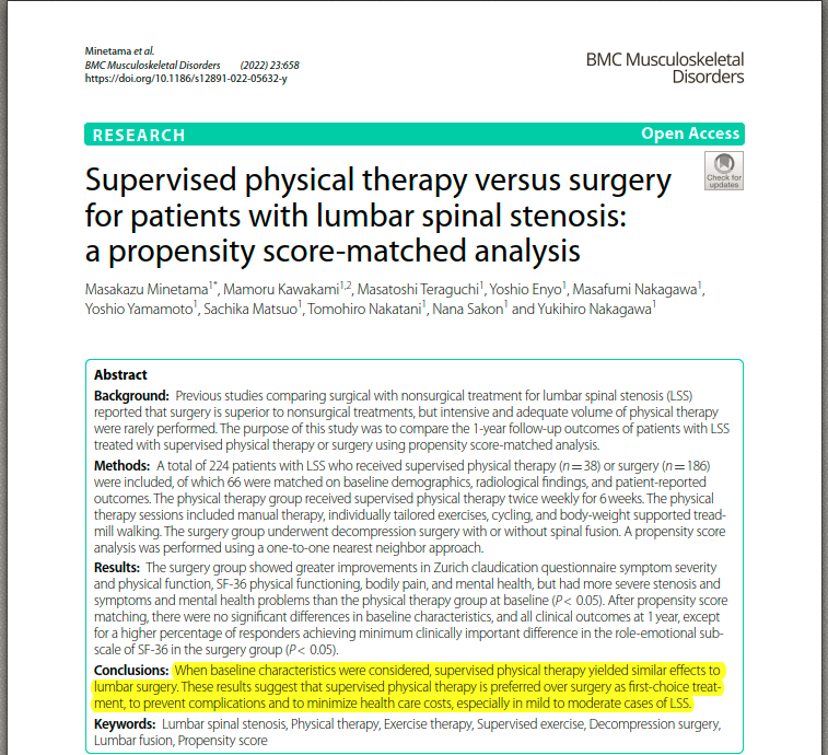 PhysioMeScience's tweet photo. Supervised physical therapy versus surgery for patients with lumbar spinal stenosis: a propensity score-matched analysis 

👀👀👇👇

https://t.co/NGXSqrkfa5 https://t.co/SFerAVvP8F