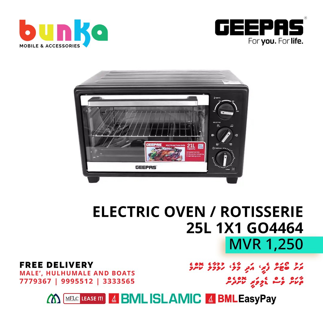 bunkamobiles's tweet photo. Looking for quality with best affordable pricing, top OVEN solutions from GEEPAS, available at BUNKA Max, Hulhumalé, Nirolhu Magu.

**𝙒𝙀 𝘿𝙀𝙇𝙄𝙑𝙀𝙍**
Free Delivery Male'/Hulhumale &amp; 

Rashu Boat 🚚. For more info or order Call Us: 
9994604, 7779367, 9995512, 3333565 https://t.co/k89vEYeCo2