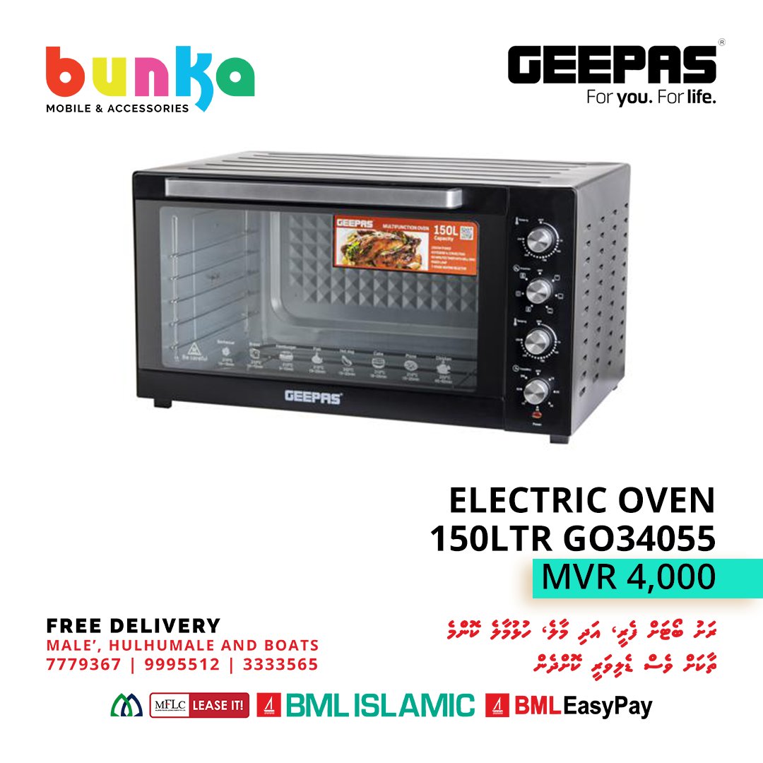 bunkamobiles's tweet photo. Looking for quality with best affordable pricing, top OVEN solutions from GEEPAS, available at BUNKA Max, Hulhumalé, Nirolhu Magu.

**𝙒𝙀 𝘿𝙀𝙇𝙄𝙑𝙀𝙍**
Free Delivery Male'/Hulhumale &amp; 

Rashu Boat 🚚. For more info or order Call Us: 
9994604, 7779367, 9995512, 3333565 https://t.co/TCr9fW9DO5