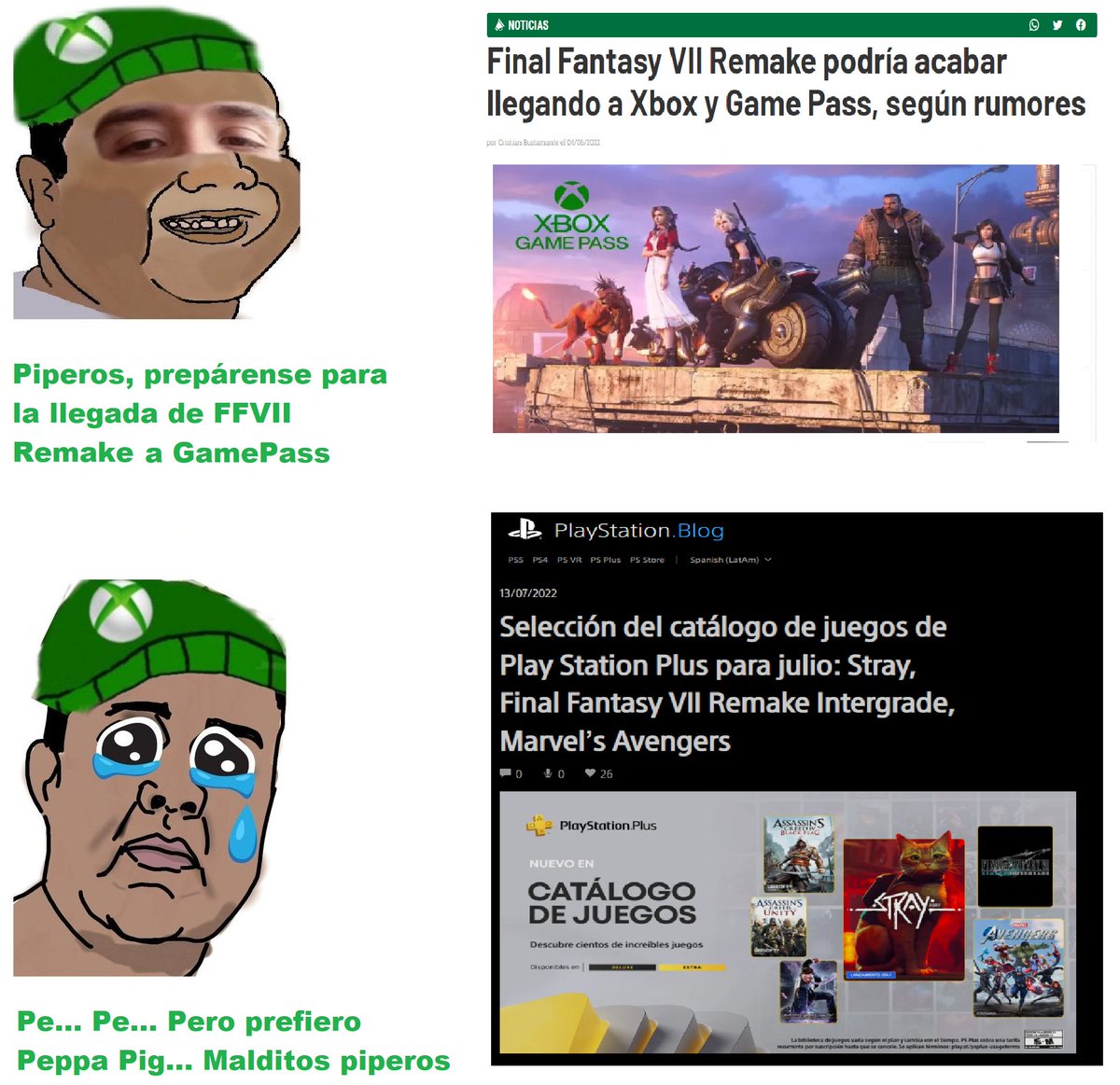 Expectativa: FFVII Remake en GamePass.

Realidad: FFVII Remake Intergrade en PlayStation Plus Premium/Deluxe/Extra.

Vaya que 2022 ha sido una pesadilla para los fanboys radicales de Xbox.