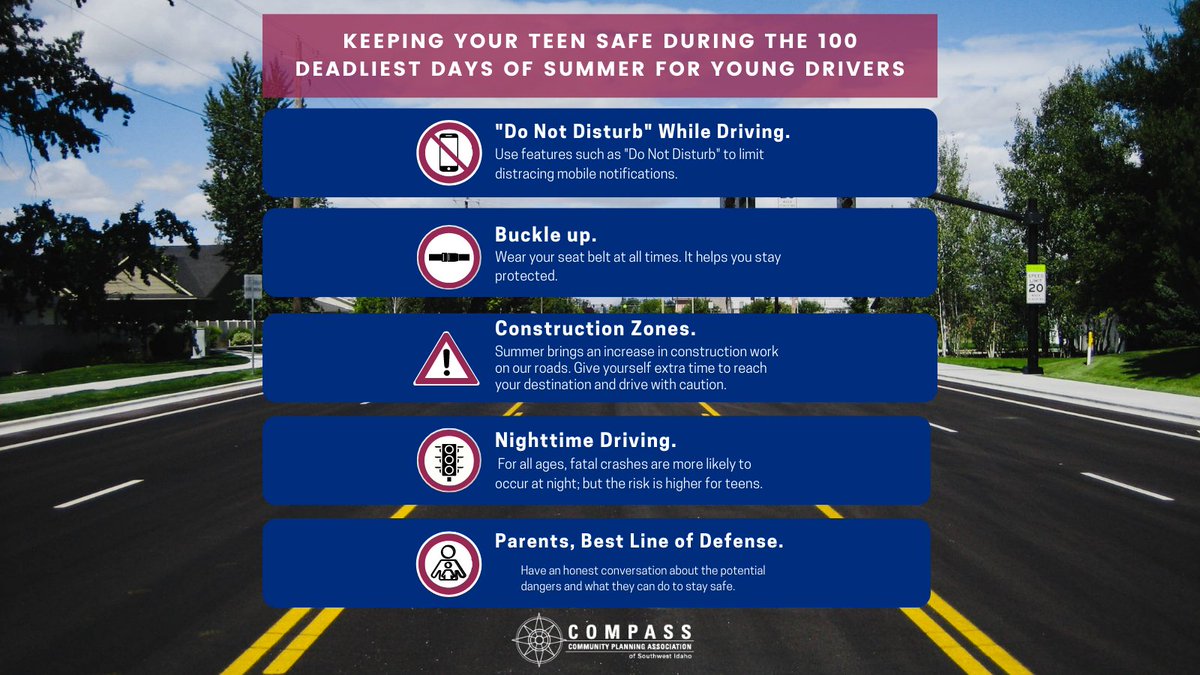 COMPASSIdaho's tweet photo. ⚠️Attention parents and young drivers -The 100 deadliest days of summer range from Memorial day to Labor day. Here are some tips that can help keep you safe. Drive carefully and stay alert.

Stay safe, everyone! #COMPASSIdaho #BeRoadAware #SafeTravelsTreasureValley https://t.co/kc9o8boHPE